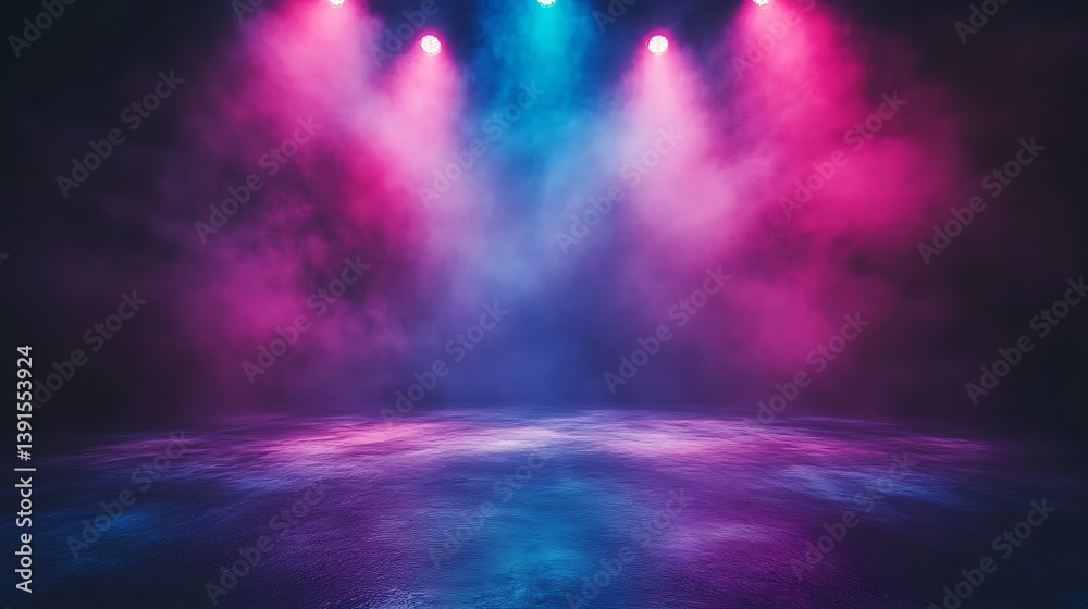 Fototapeta premium Dark stage with pink and blue spotlights and fog.