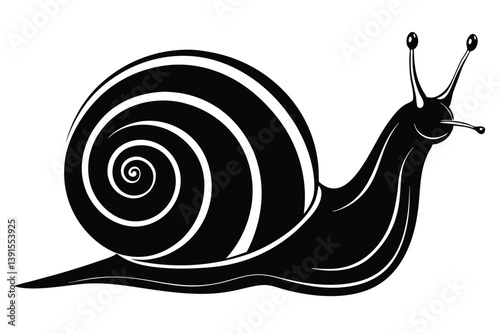 Black and White Snail Illustration, Mollusk with Spiral Shell, Antennae, Monochrome