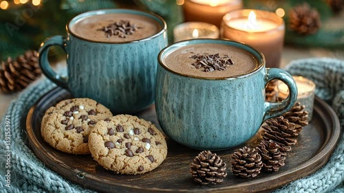 Wallpaper Mural Cozy winter scene Two mugs of hot chocolate topped with chocolate shavings, accompanied by chocolate chip cookies and pine cones, set against a warm, candlelit background Torontodigital.ca