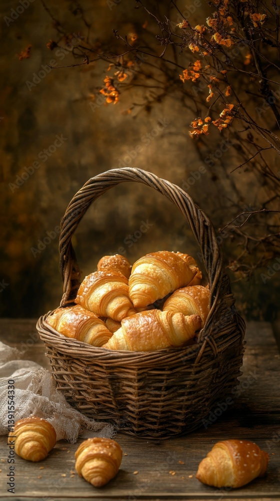 A beautifully arranged basket filled with golden croissants. The warm light enhances the textures and colors of the pastries. Perfect for food lovers. Generative AI