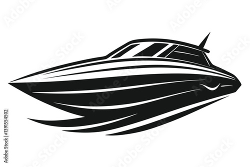 Modern Motorboat Silhouette Black and White Design with Dynamic Waterline Appearance
