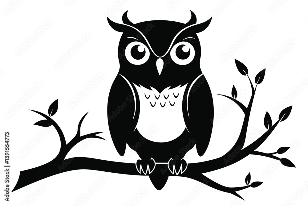Fototapeta premium Silhouette Owl Perched on Branch, Bold Lines, Wing Detail, Black on White, Isolated