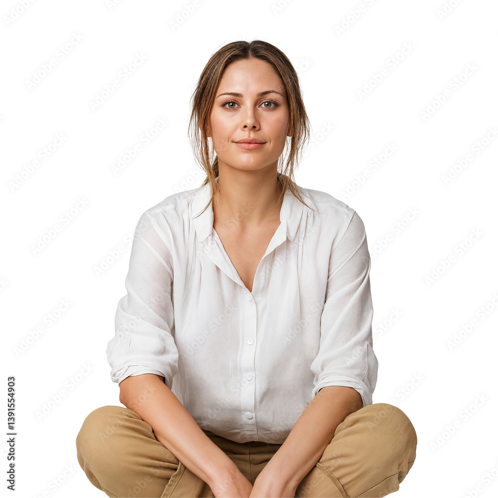 Serene Woman Sitting Cross-Legged in Casual Clothing Serene Woman Sitting Cross-Legged in Casual Clothing