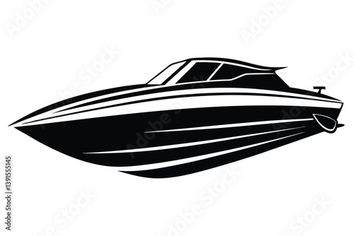 Sleek Motorboat Silhouette. Fast watercraft. Black and White isolated Luxury boat style