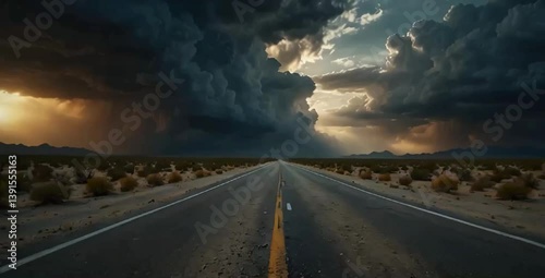 A cinematic view of an endless road stretching through a vast desert under a heavily clouded sky