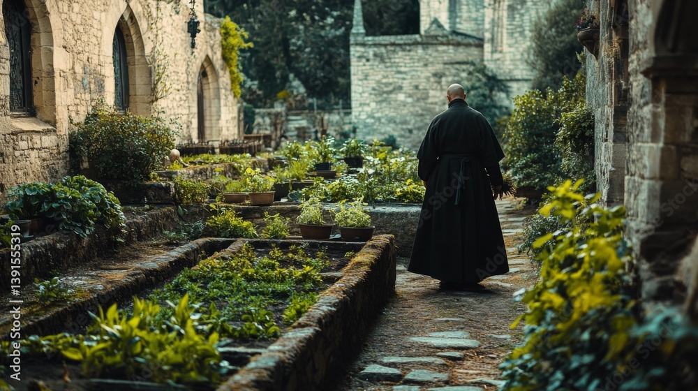 A solitary figure walks through a lush garden in a historic setting. The tranquility of nature surrounds the cloaked person. This moment captures peaceful reflection. Generative AI