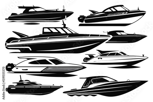 Assorted Motorboats in Black and White, Isolated on White. Boat Silhouettes, Yachting