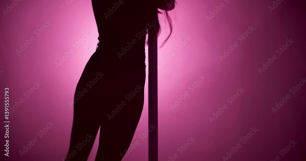 Pole dance, pink and silhouette of woman in club for performance, talent and choreography. Creativity, dark and person with neon, lights and sensual dancer for confidence, burlesque and entertainment Pole dance, pink and silhouette of woman in club for performance, talent and choreography. Creativity, dark and person with neon, lights and sensual dancer for confidence, burlesque and entertainment