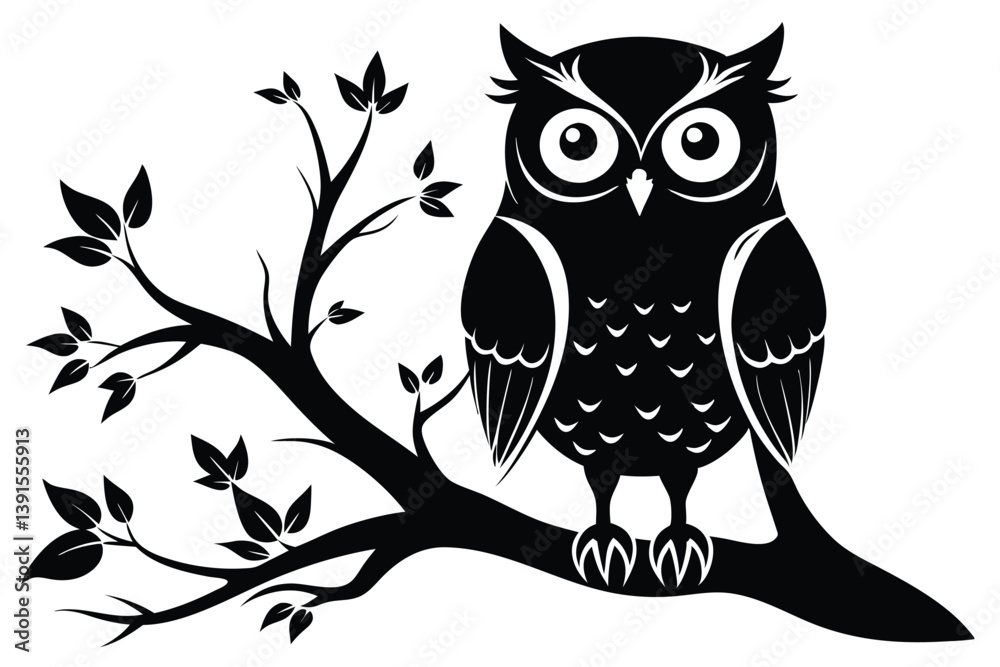 Obraz premium Stylized Owl Silhouette on Branch, Bird with Big Eyes, Black and White