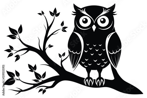Stylized Owl Silhouette on Branch, Bird with Big Eyes, Black and White