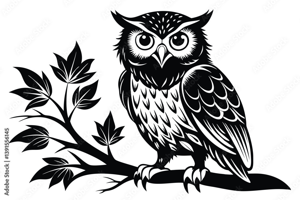 Stylized Owl Perched on Branch, Black and White Illustration, Decorative Bird Art Stylized Owl Perched on Branch, Black and White Illustration, Decorative Bird Art