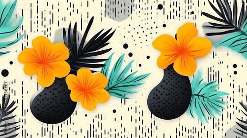 Seamless pattern with tropical flowers and leaves on textured background.