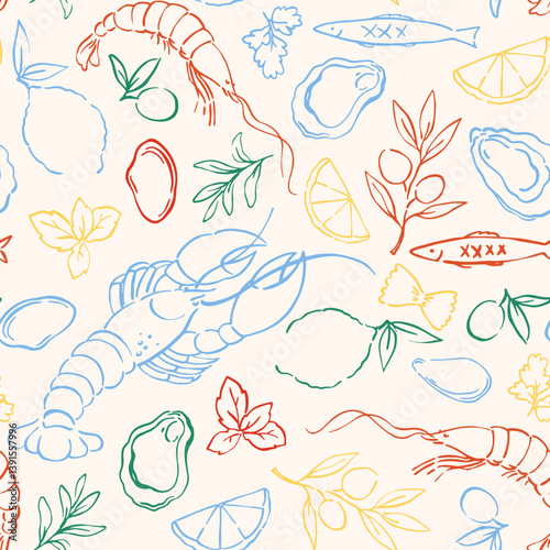 Vector pattern of seafood shrimps, oysters, lobster, lemons, and olives. Mediterranean Dolce Vita style vintage illustrations for food, suitable for restaurant and marine cafe menus. Doodles print