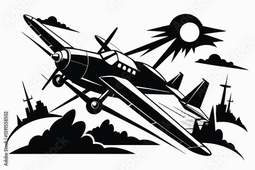 Airplane Black and White Outline Illustration, Warplane Flying Silhouette, Sky Background