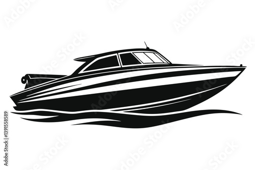Black Silhouette of Stylish Cabin Cruiser Speedboat Gliding on Water Waves Icon Design