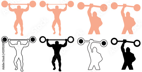 Weightlifting. Weight lifter with big barbell, isolated vector silhouette. Strong man vector