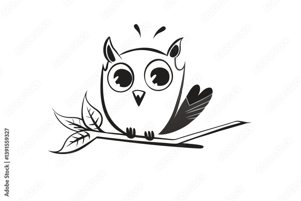 Fototapeta premium Monochrome Cartoon Owl Illustration, Perched on Branch, Leaves, Black and White Drawing