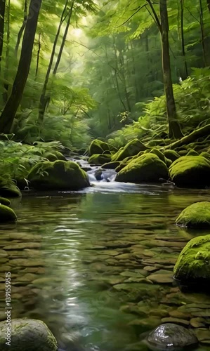A peaceful river flows gently through a lush green forest, its crystal-clear water sparkling as it moves over smooth stones.