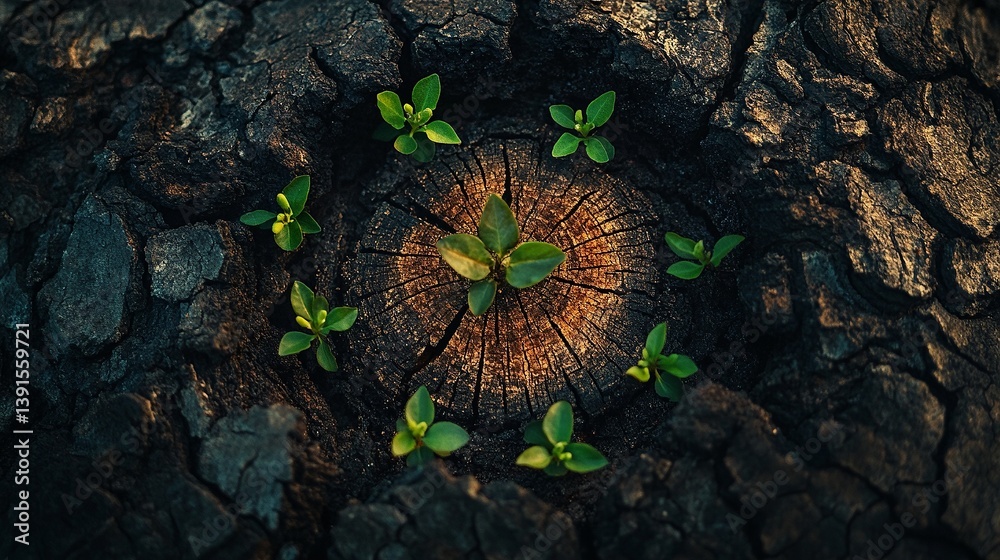 A fresh start in nature. Tiny green plants emerge around a worn tree stump symbolizing resilience and growth. Life finds a way in barren surroundings. Generative AI