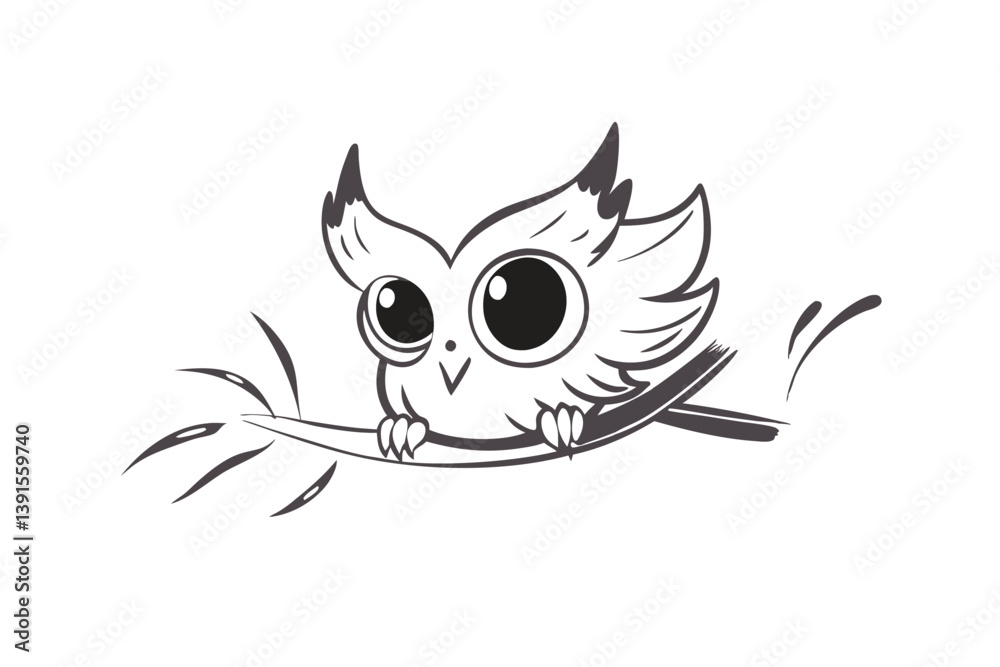 Fototapeta premium Cute Owl Sketch, Whimsical Bird Sitting on Branch, Black and White Design, Minimalist