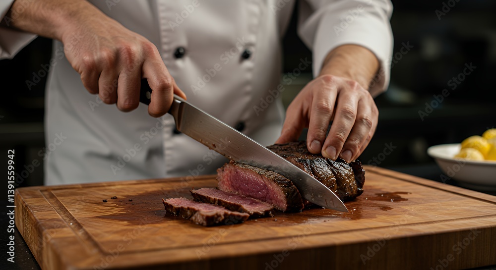 Chef Slicing Grilled Meat on Cutting Board Close Up View Chef Slicing Grilled Meat on Cutting Board Close Up View