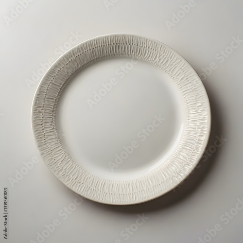 White ceramic plate on white background, top view, isolated, minimal product photo