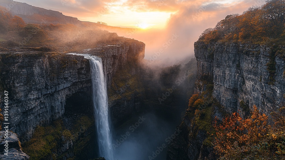 Majestic waterfall cascading down rugged cliffs. The scene captures the beauty of nature at sunset. Witness the tranquil power of water. Generative AI