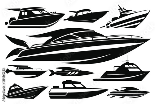 Collection of Isolated Silhouette Boat Designs, Speedboats, Yachts, & Motorboats Icons