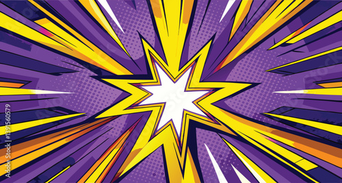 Dynamic Comic Book Style Purple Yellow Starburst Explosion