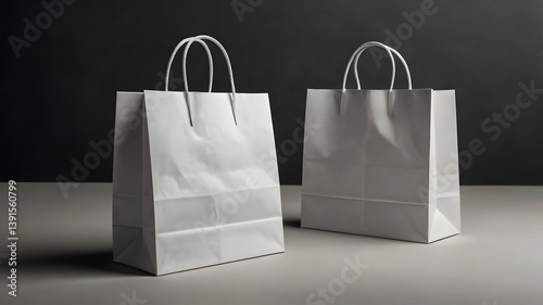 White paper shopping bag mockup, front view, isolated, subtle shadow