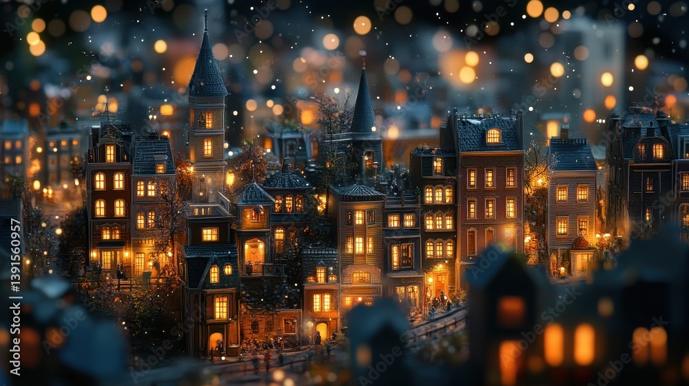 Obraz premium Detailed townhouses glow warmly at night under soft bokeh lights. Perfect for holiday promotions, cozy home blogs, or story illustrations.