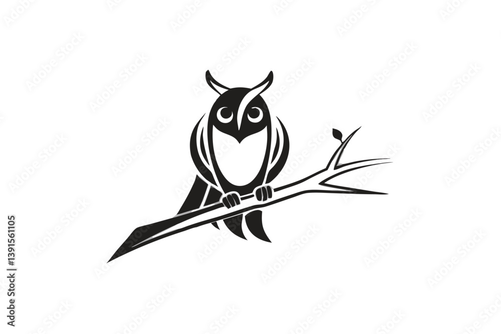 Obraz premium Stylized Owl Silhouette on Branch, Detailed Feathers, Sharp Talons, Black and White