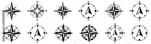 wind rose compass icons set. Vintage marine wind rose, nautical chart.  Vector illustration.