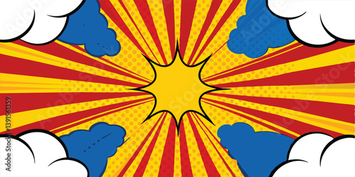 Comic Book Pop Art Background Explosion, Speech Bubble, Rays, Clouds