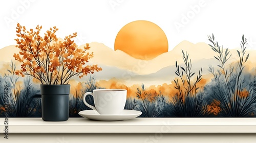 Serene sunrise landscape with coffee.
