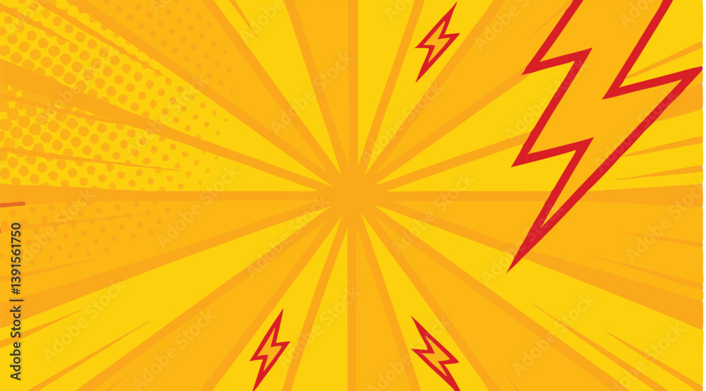 Fototapeta premium Dynamic Yellow Comic Book Background with Red Lightning Bolts