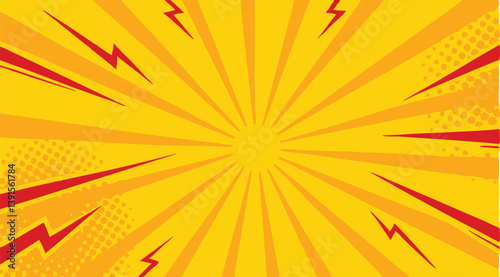Comic Book Style Background Yellow Sunburst, Red Bolts, Pop Art