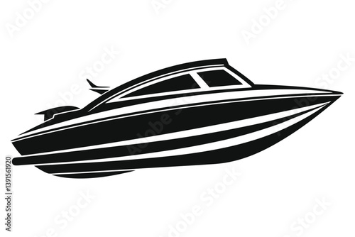 Black and White Silhouette of Modern Motorboat, Speedboat Vessel Isolated on White Background