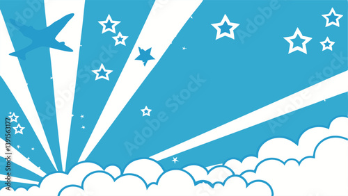 Airplane Sky Clouds Stars Sunburst Rays Flight Travel Design