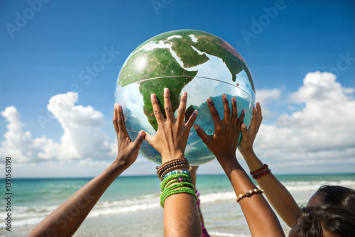 Hands Holding Earth Globe on the Beach, Global Unity and Environmental Care Concept