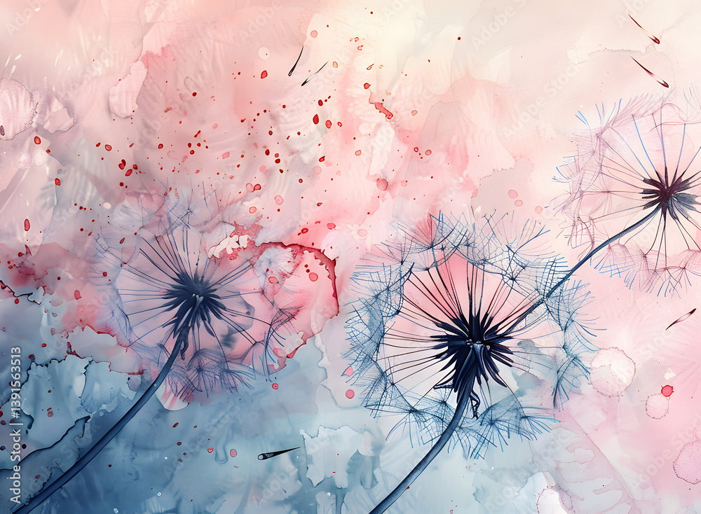 A lovely watercolor painting of sparkling dandelions blowing in the wind against a clear sky. Light pastel background.