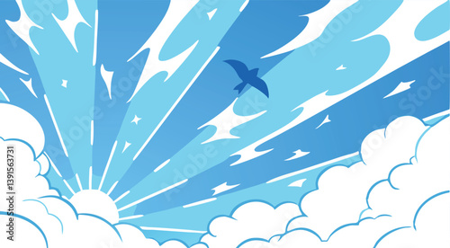 Sunrise Sky Cloudscape Bird in Flight, Sun Rays, Blue Hues