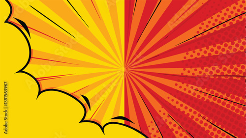 Comic Book Pop Art Explosion Background, Red Yellow Radiating Sunburst