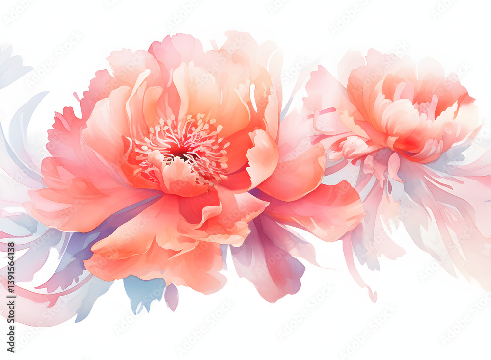 Watercolor painting. Botanical watercolor illustration. Vibrant watercolor peonies against a soft white background , nature, elegant, watercolor