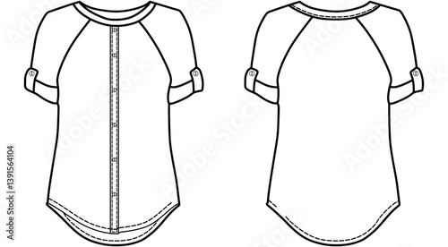 Women's Shirt Blouse flat sketch fashion illustration drawing front and back view, Long sleeve Curved hem button open blouse shirt for girls and ladies template mock up