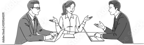 three business professionals sitting at a table, engaging in a discussion. Collaborative and communicative business setting concept. Line drawing illustration desing
