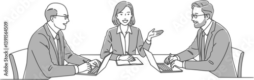 three business professionals sitting at a table, engaging in a discussion. Collaborative and communicative business setting concept. Line drawing illustration desing