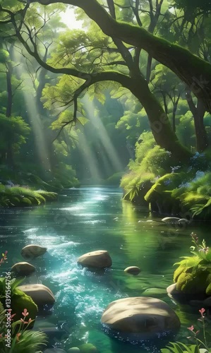 A peaceful river flows gently through a lush green forest, its crystal-clear water sparkling as it moves over smooth stones.