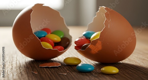 A broken eggshell filled with colorful candy-coated chocolates and mini chocolate cubes sits on a rustic wooden table, with some candies spilling out.