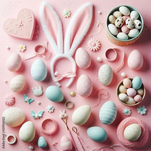 Easter eggstravaganza: Pastel-colored Easter eggs and a bunny ears headband arranged playfully on a delicate pink backdrop. Perfect image for spring or holiday designs.